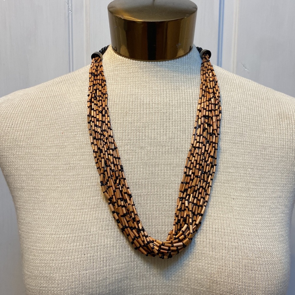 Vintage Multi Chain Brown Wood Bead and Black Bead Necklace